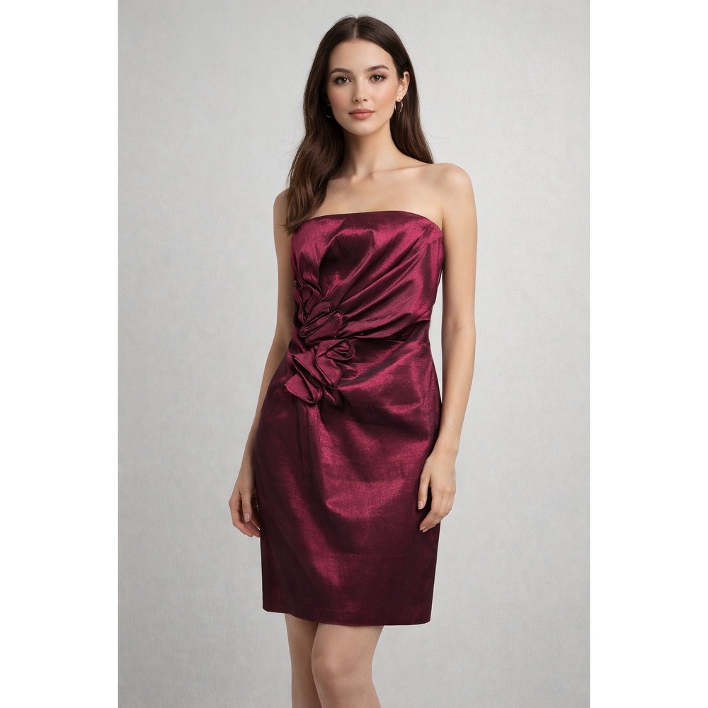 Jessica McClintock Gunne Sax Dress Womens 4* Burgundy Strapless Rosette Metallic